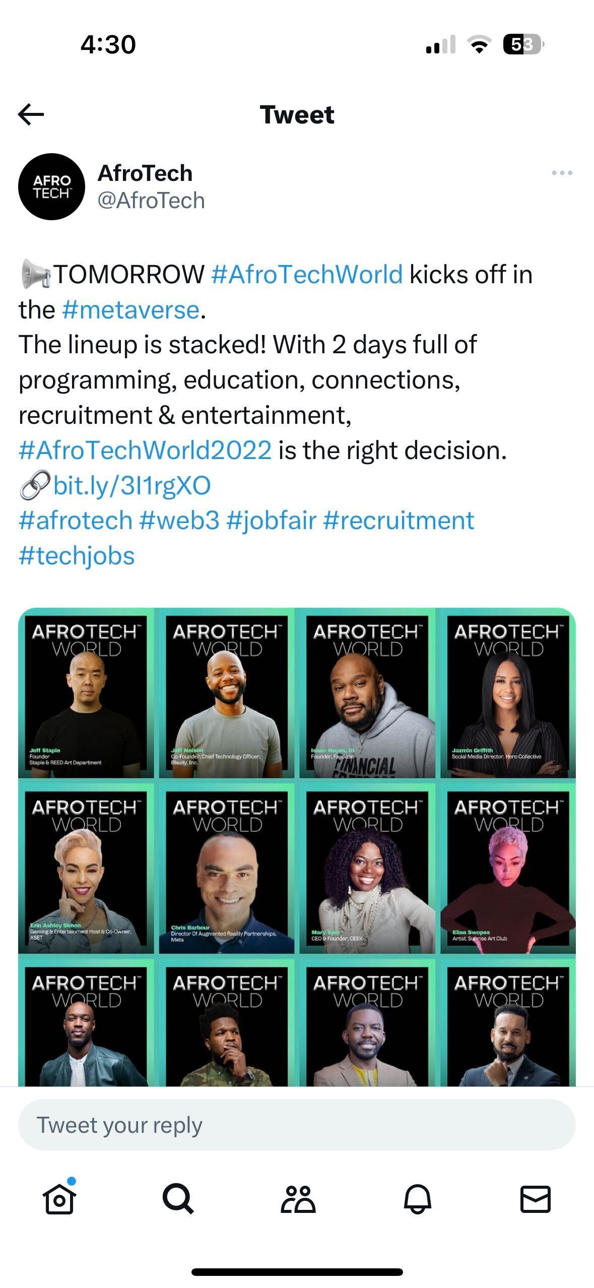 AfroTech Tweet with several event hashtags including #AfroTechWorld and #AfroTechWorld2022. 