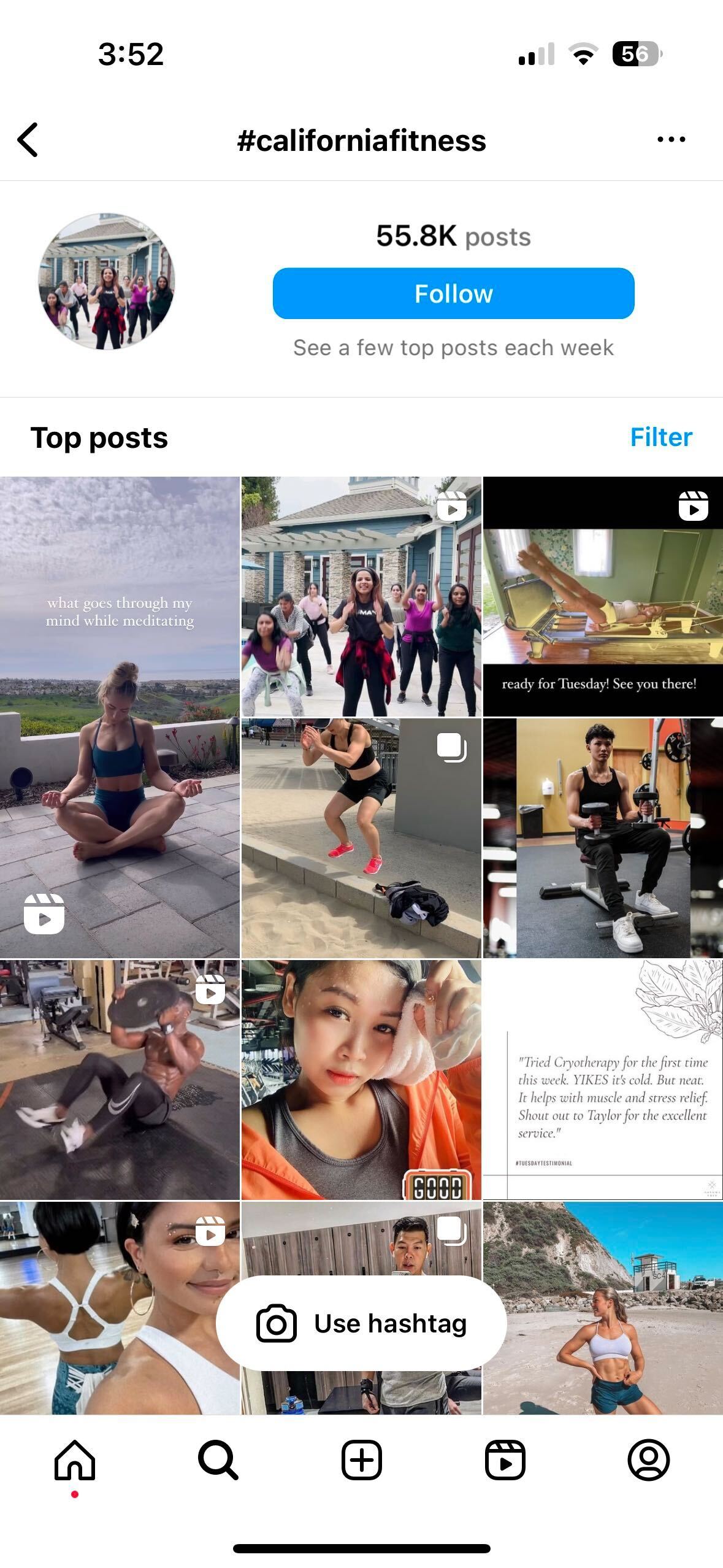 Screenshot of Instagram Explore page displaying content the hashtag #CaliforniaFitness.