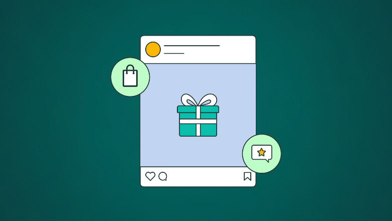 An illustration of a social media post featuring an illustrated image of a blue box with a white bow around it. There are icons outside of the post of a shopping bag and a dollar bill. The illustration is meant to convey holiday marketing and social commerce.
