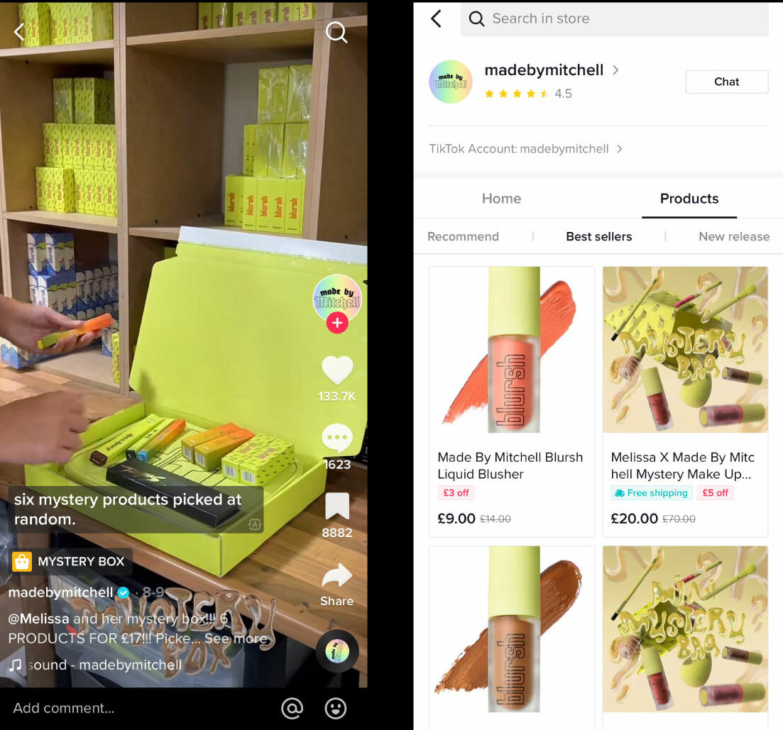 Two side-by-side TikTok screenshots: The left screen showing a mystery box packing process and the right screen showing the TikTok Shop product showcase from Made by Mitchell.
