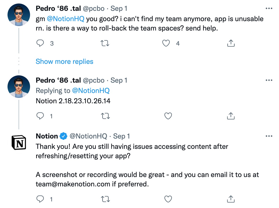 A screenshot of a customer support exchange taking place between the Notion team and a user on Twitter. In the final message in the exchange, the Notion team invites the user to share a screen recording of the issue so they can provide better help. 