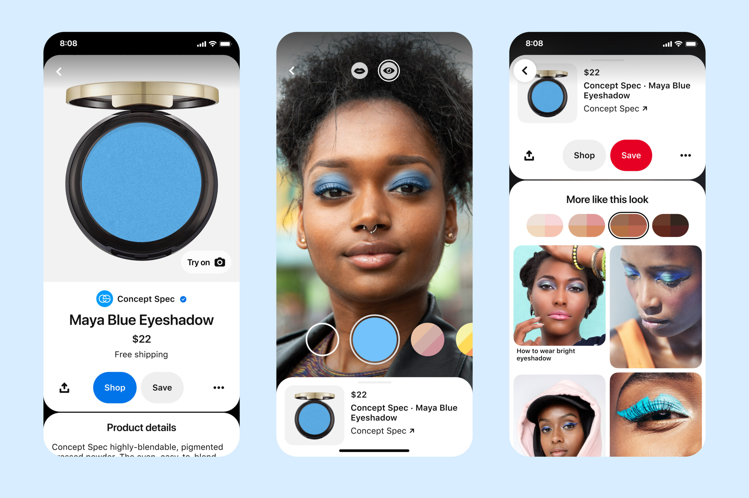 Pinterest try-on tool highlighting a blue eyeshadow and a Black woman trying out the eyeshadow in the next screen