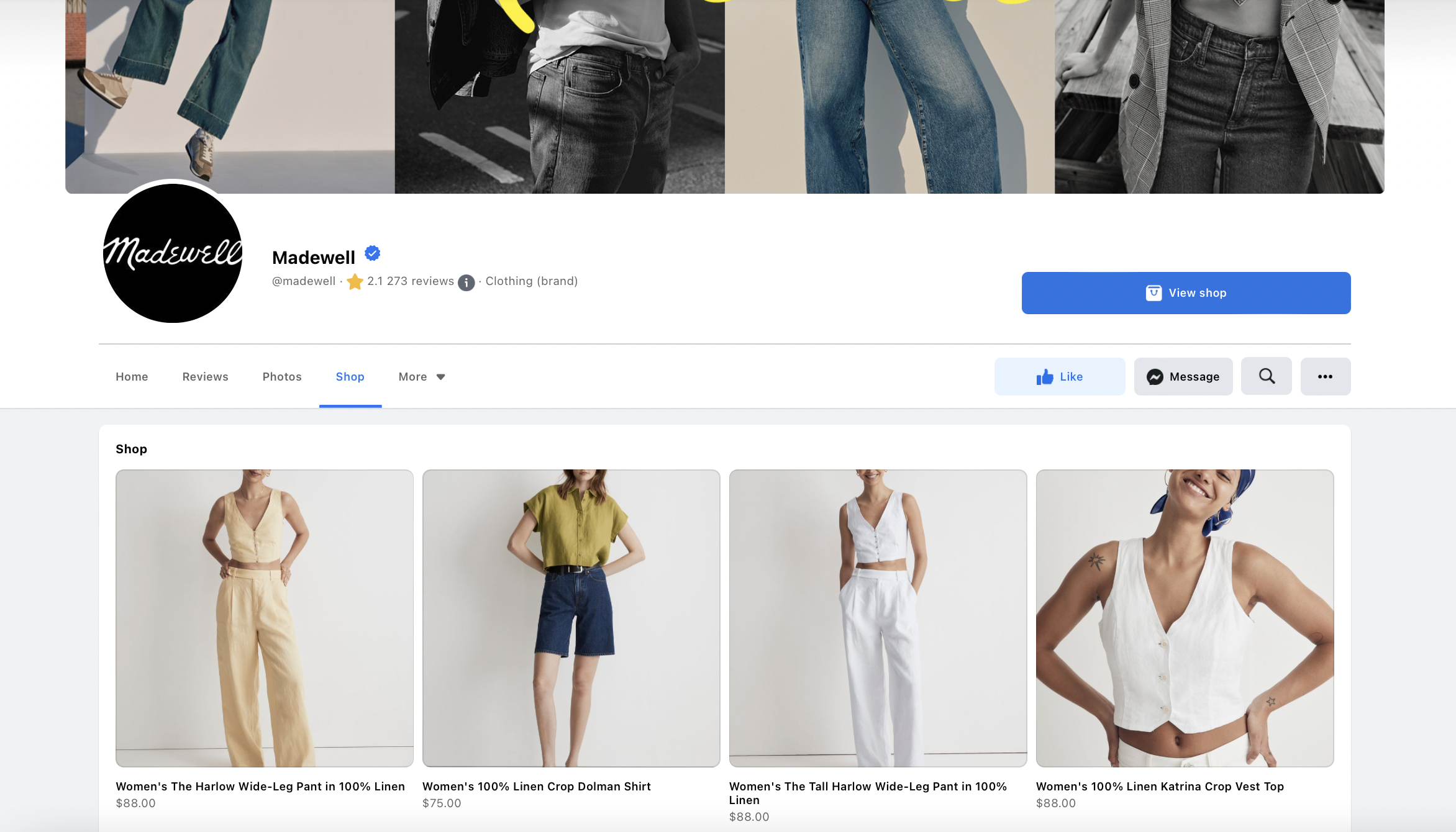 Facebook Shop for Madewell showcasing different clothing for women.