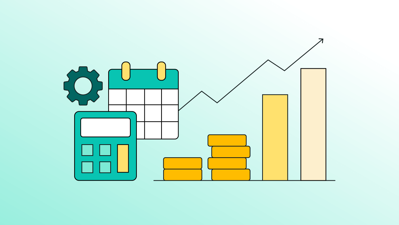 An illustration showing a calculator to measure return on investment, a content calendar, bar graphs and social tasks iconography depicting social budget optimization.
