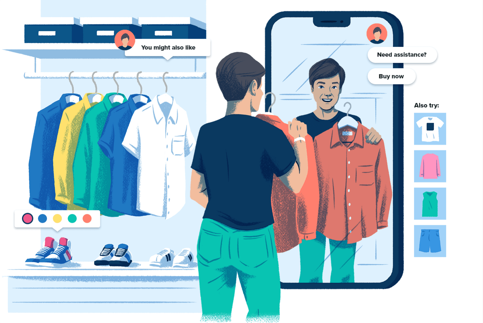 Illustrazione di una persona che si guarda in uno specchio a forma di smartphone in un negozio di abbigliamento in cui vi sono pulsanti di shopping online sulla merce, per rappresentare che l'esperienza di shopping sui social è simile a fare acquisti in negozio.