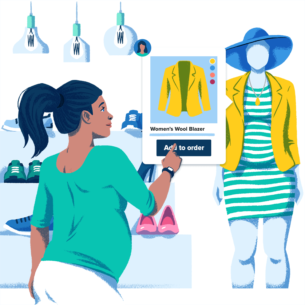 Illustration einer Kundin in einem Geschäft, die auf einen Button auf der Jacke einer Schaufensterpuppe drückt, um das Kleidungsstück zu kaufen.