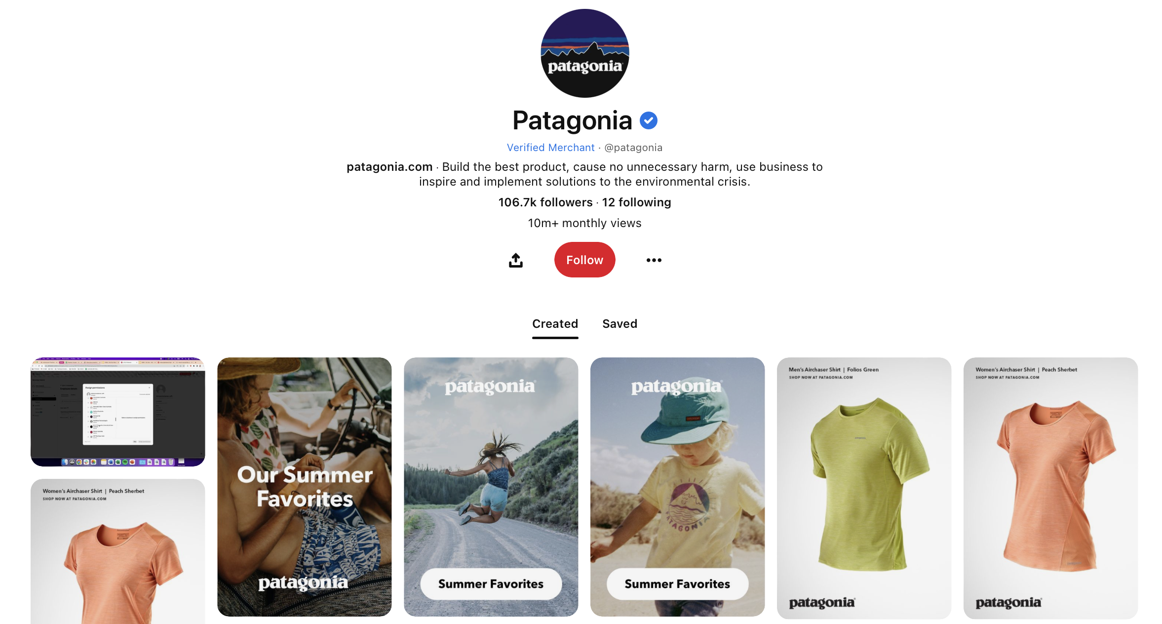 Patagonia Pinterest page showing products organized into different boards.