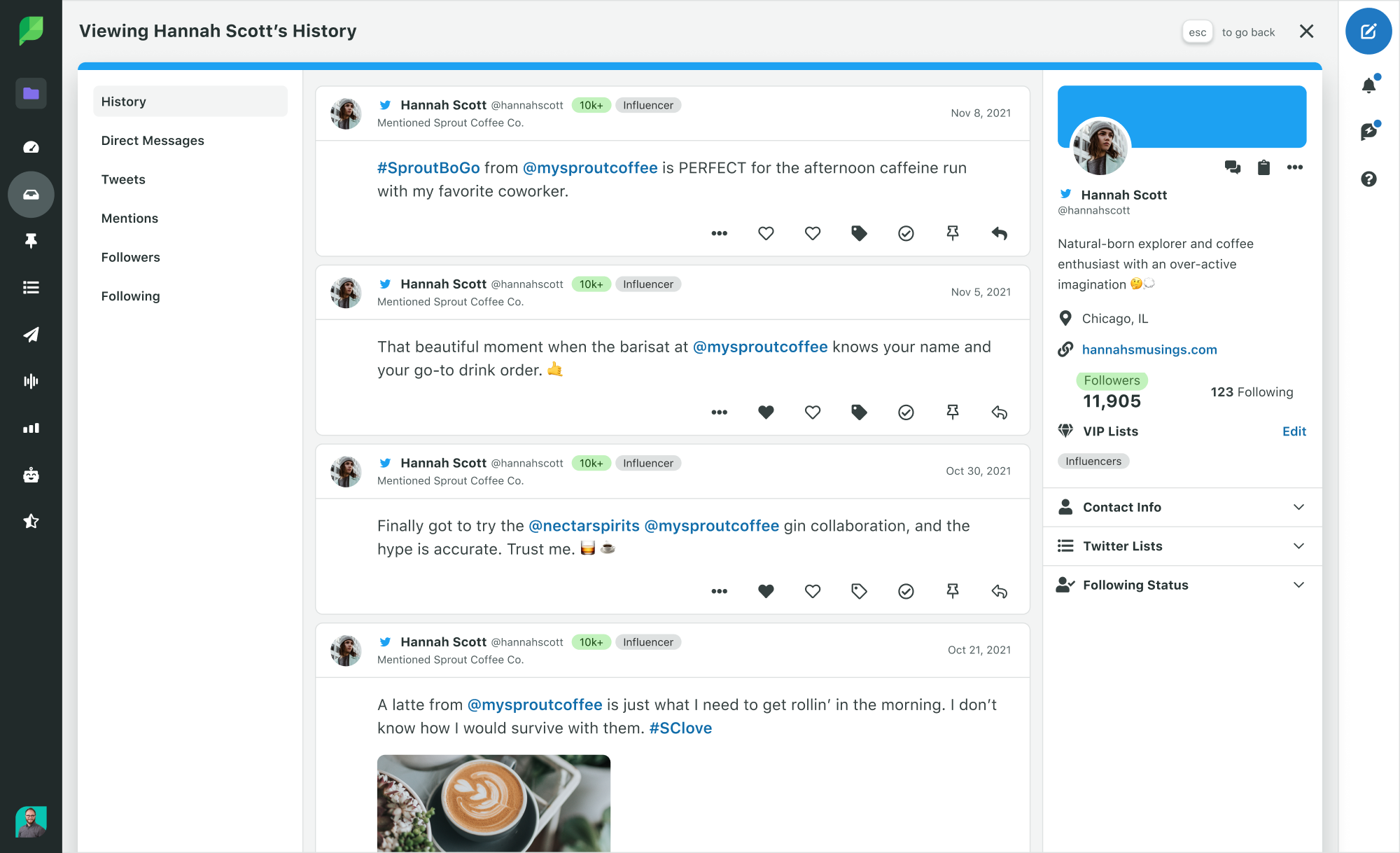 Sprout Social: imagem do produto de Visualização do contato de interação com o histórico de conversas do Twitter