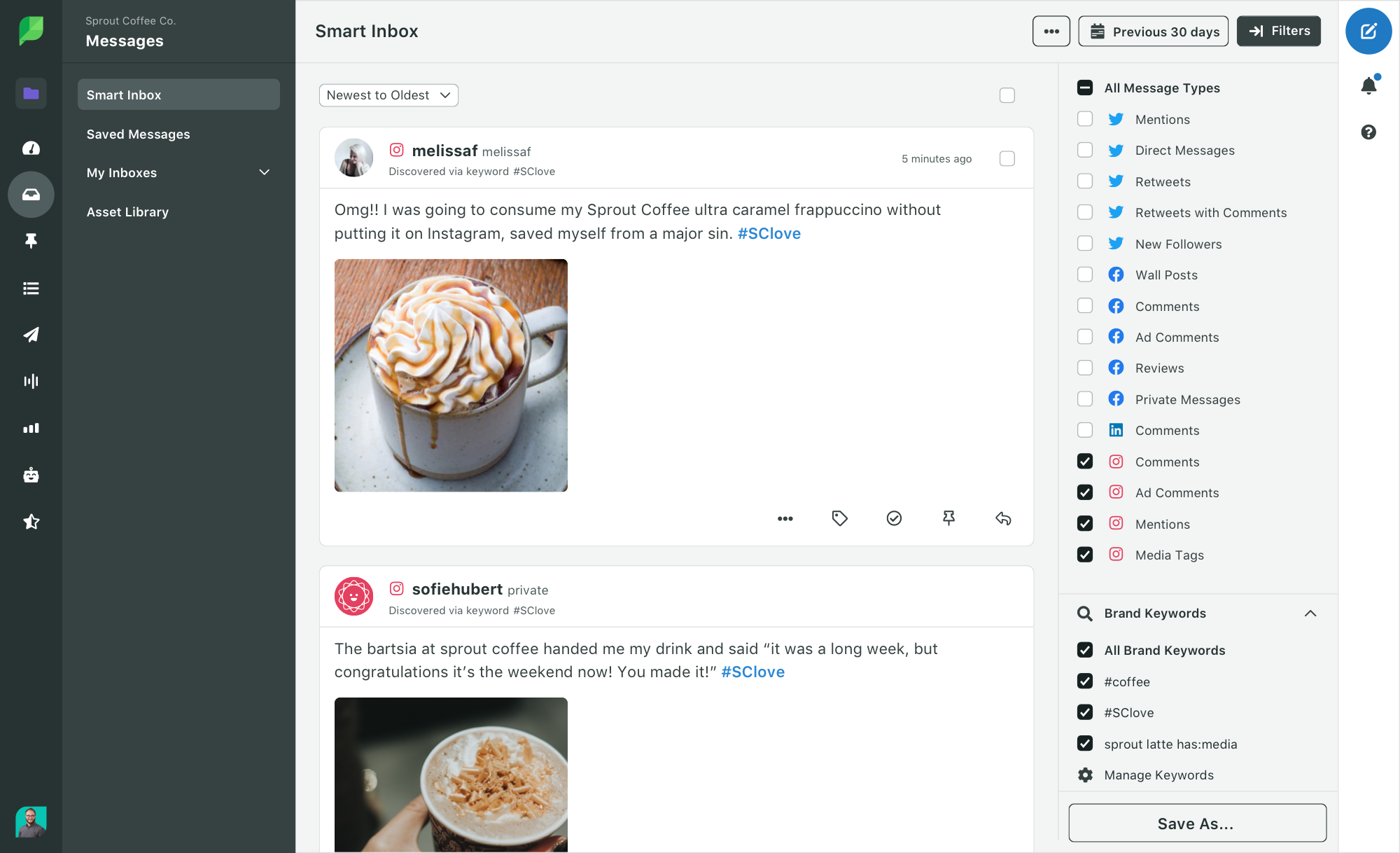 Sprout Smart inbox with Instagram hashtags