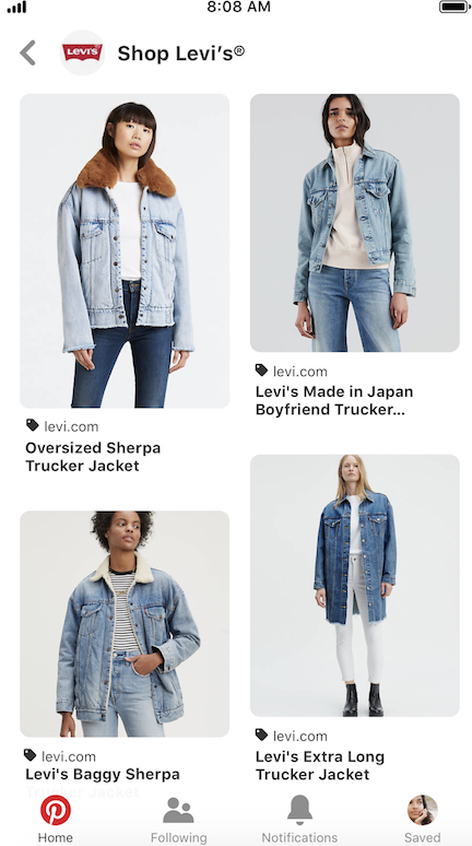 Levi's Pinterest Shop with product tags for different items.