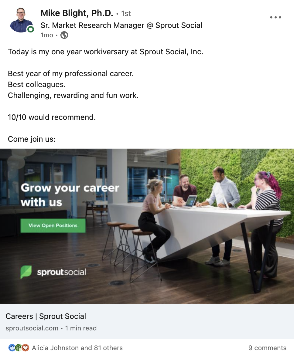 A LinkedIn post from a Sprout employee advertising open roles at Sprout.
