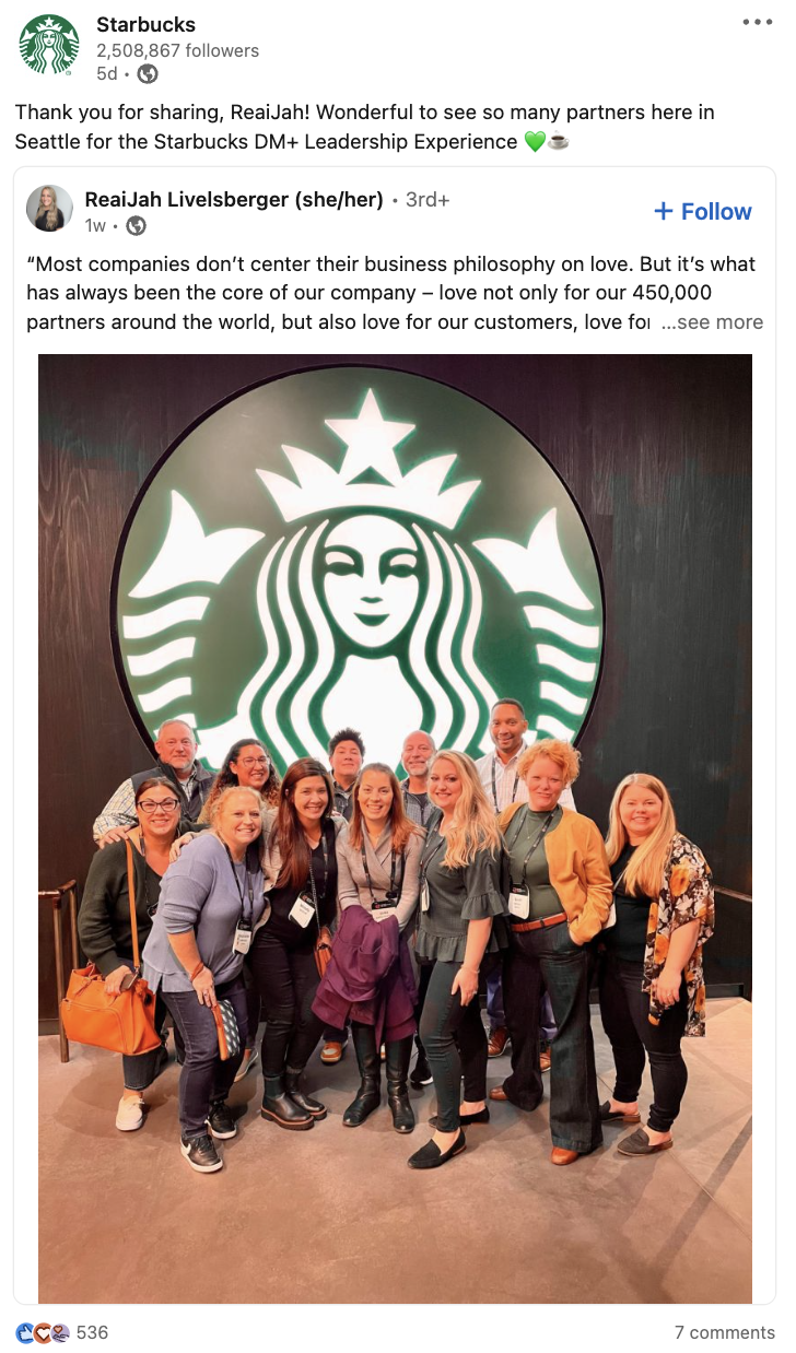 LinkedIn post from Starbucks sharing a photo of their leadership team