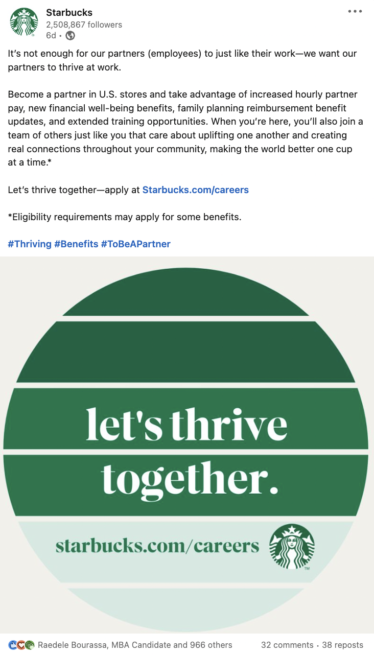 A screenshot of a Starbucks LinkedIn post advertising that they consider employees their partners and careers at Starbucks.