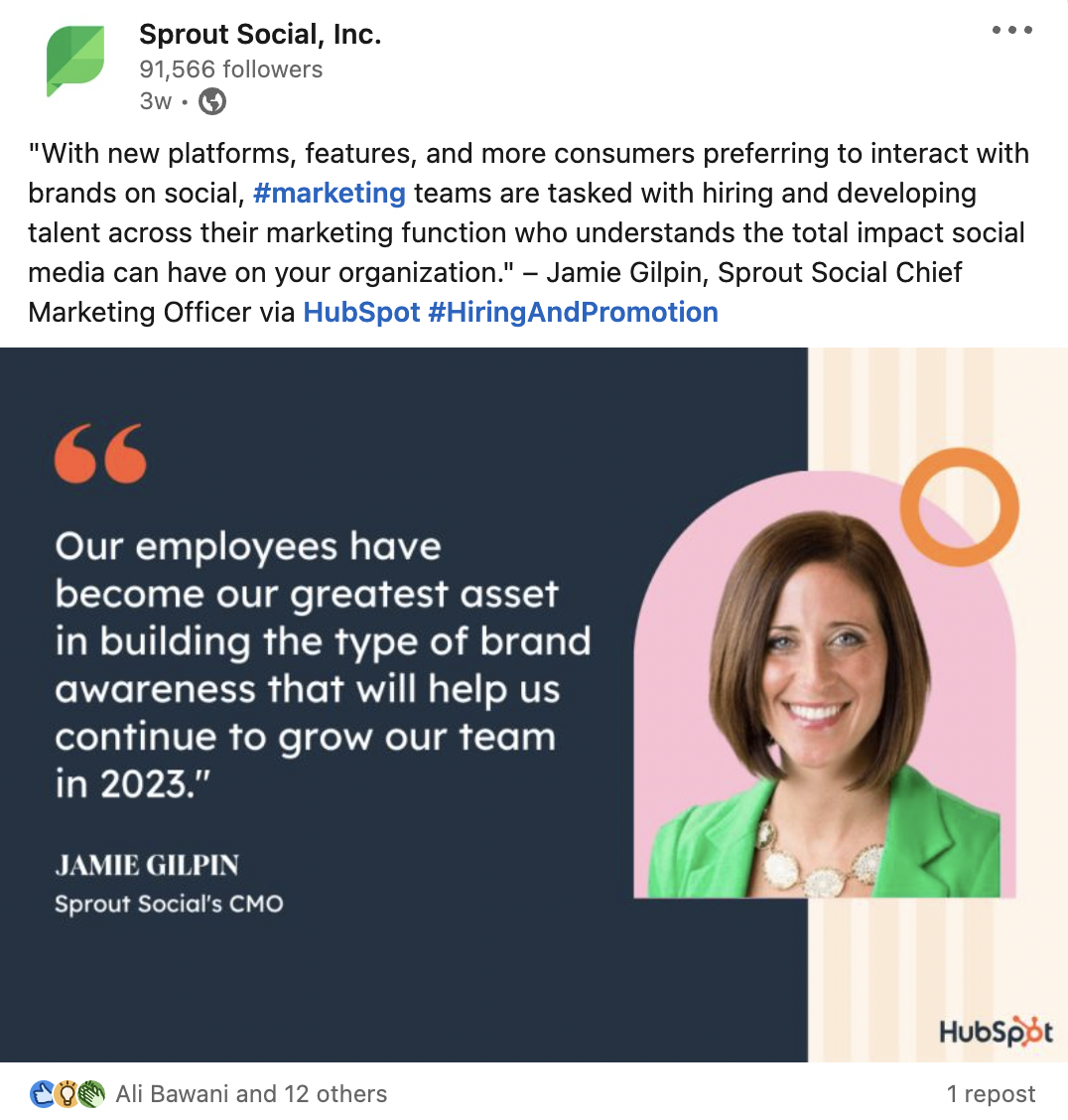 A screenshot of a Sprout Social LinkedIn post discussing the power of employee advocacy.