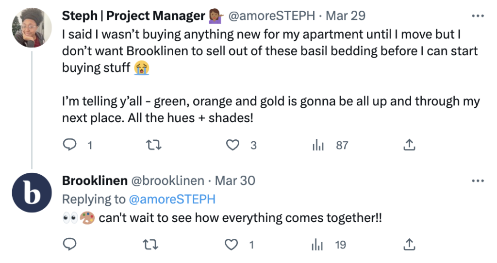 A screenshot of a Twitter conversation between a customer and Broklinen. The customer didn't tag Brooklinen but Brooklinen was still able to find and comment on the post.