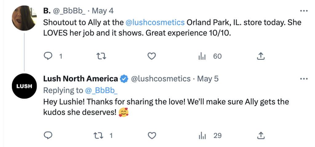 A screenshot of a twitter conversation between a customer who gives a shoutout to an in-store employee at Lush, and Lush's positive response to the customer.
