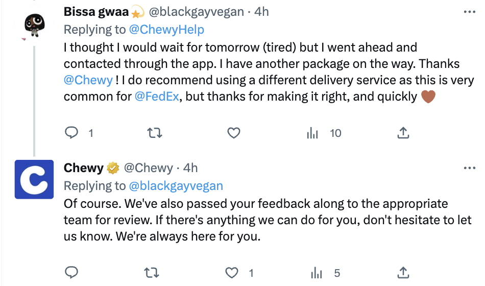 A screenshot of a Twitter conversation between a customer, who complains of a late package, and the brand Chewy, who says that they've passed the feedback about the delivery service Chewy uses along.