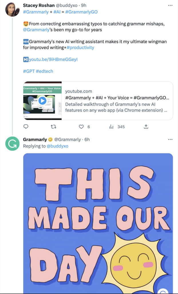 A screenshot of a Tweet celebrating Grammarly's AI capabilities. Grammarly responds with a GIF that says "This made our day"