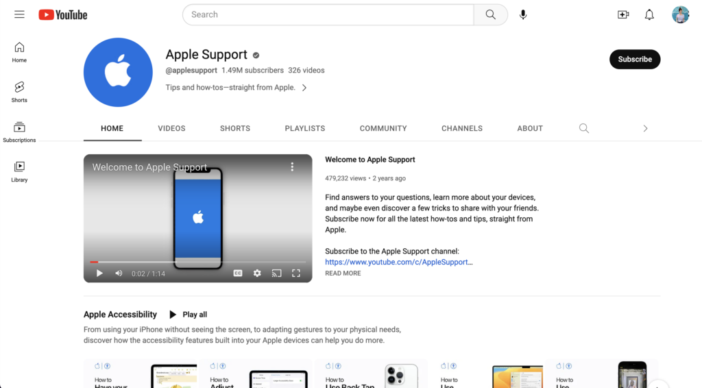 A screenshot of Apple Support's YouTube page where the brand provides a number of videos to provide support to Apple customers. 