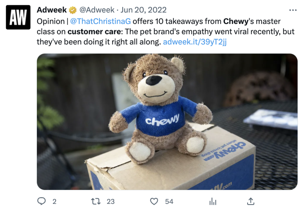 A screenshot of a Tweet by Adweek sharing an article about Chewy's stellar customer care. 