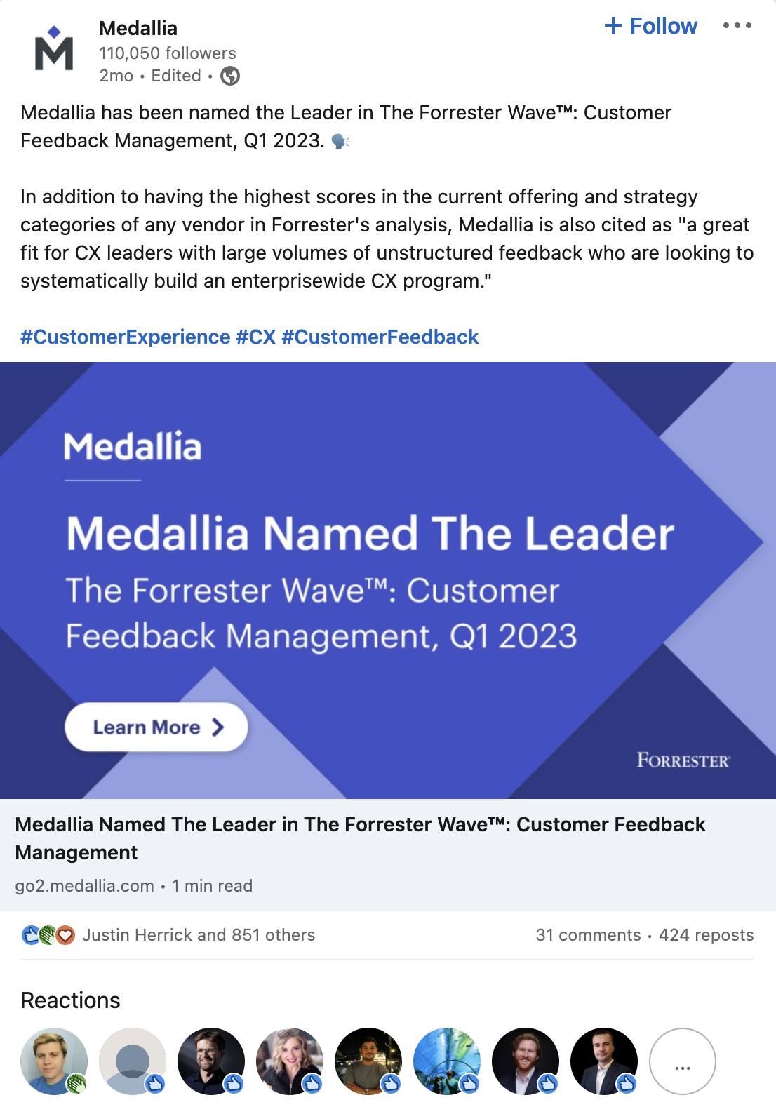 LinkedIn post from Medallia announcing them being a leader in the Forrester Wave report