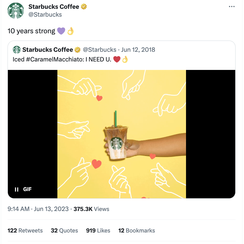 Starbucks Coffee Tweet featuring the campaign hashtag #CaramelMacchiato to promote one of their signature drinks. 