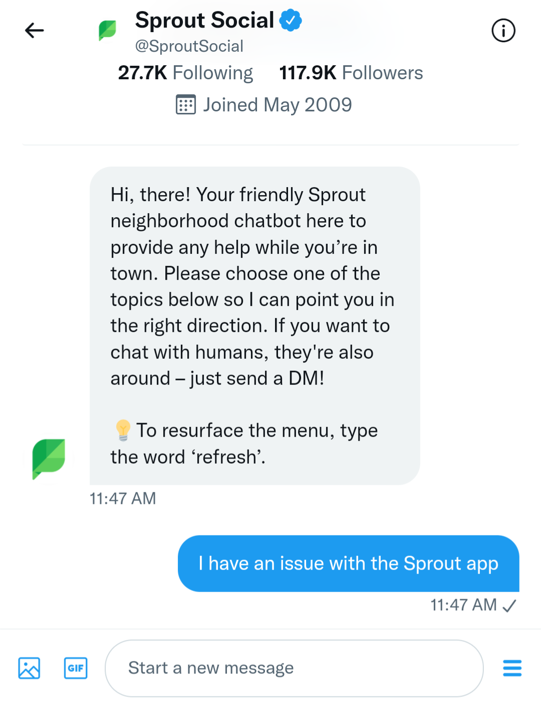 A screenshot of Sprout Social's Twitter DM prompt. 