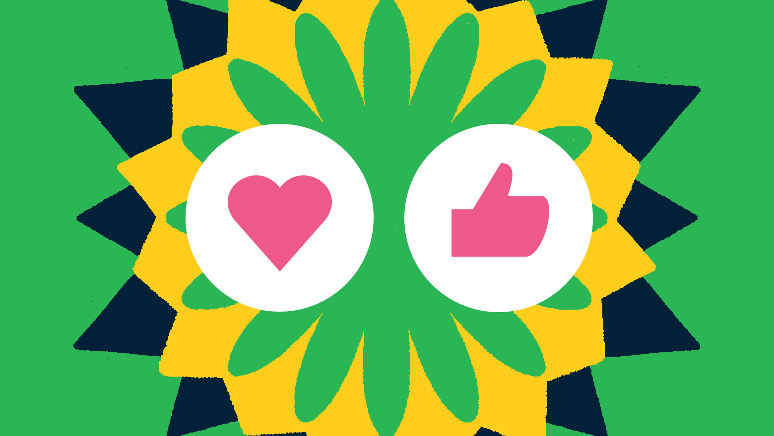 A green background with a starburst emblem and two reaction emojis