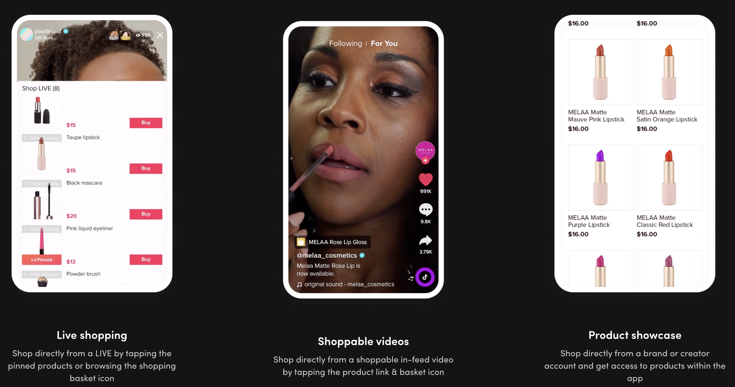 Three side-by-side screenshots showing different options to shop on TikTok - live shopping, shoppable videos, product showcase