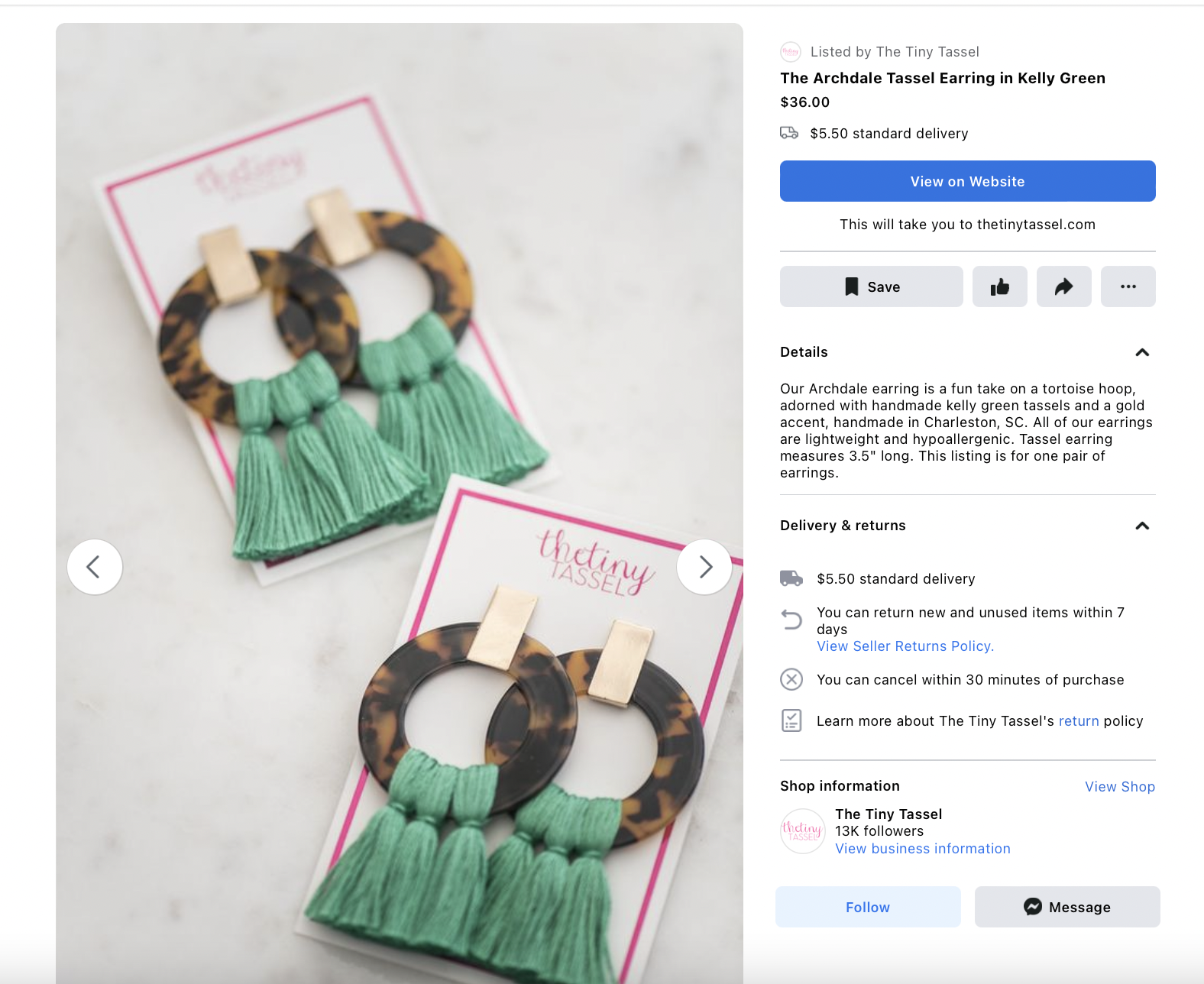 Product listing on Tiny Tassel's Facebook Shop with two pairs of green tassel earrings.
