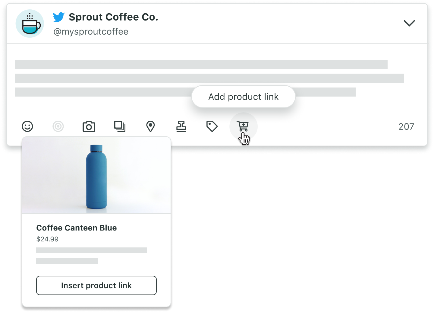 In the same way you can add an emoji, photo or location to a new Twitter post, you can also include a product link from within Compose.