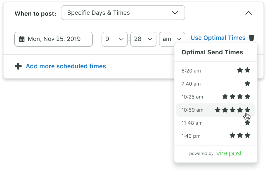 A closer look at Sprout’s Optimal Send Times menu lists six different times, each with star ratings that indicate levels of potential engagement.
