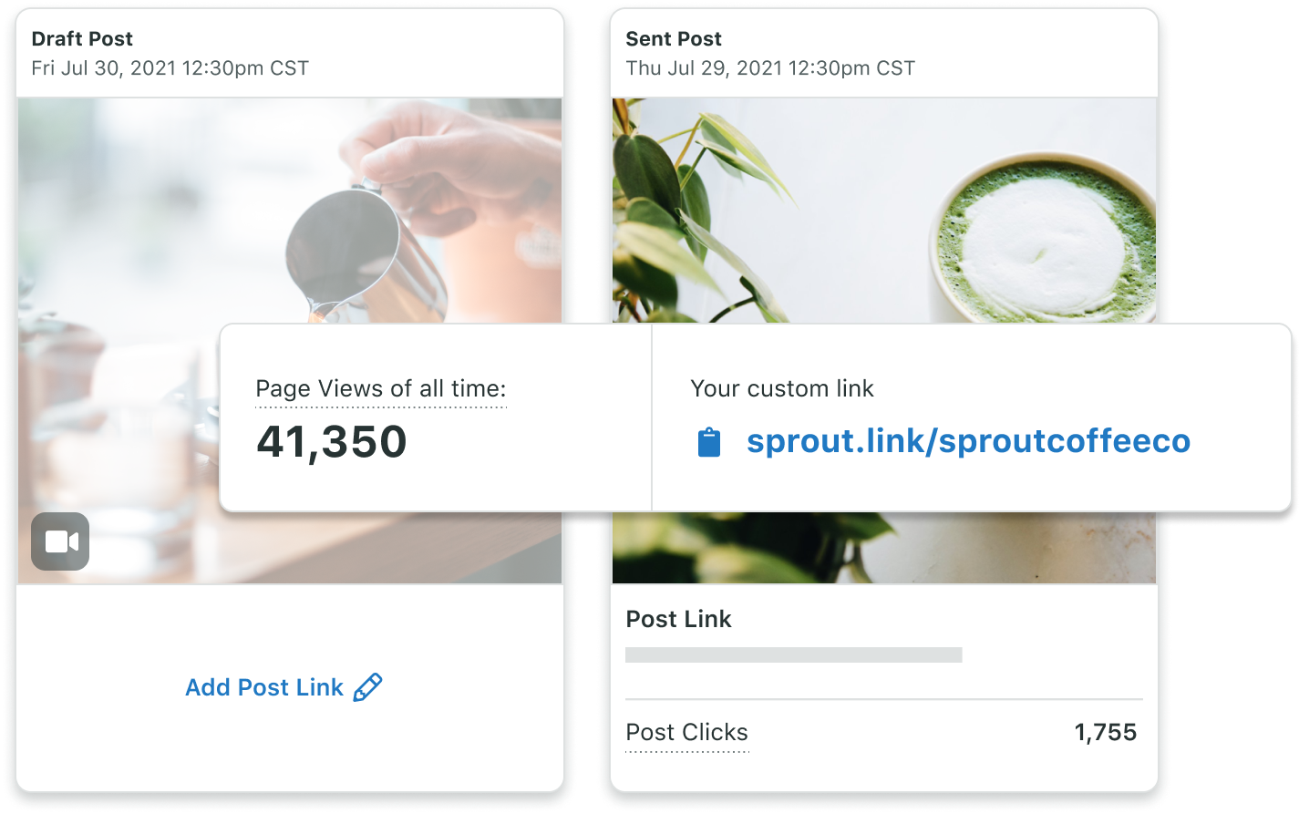 A closer look at the Sprout Link in Bio tab includes options to add content links to both new and published posts, as well as data on page views and post clicks.