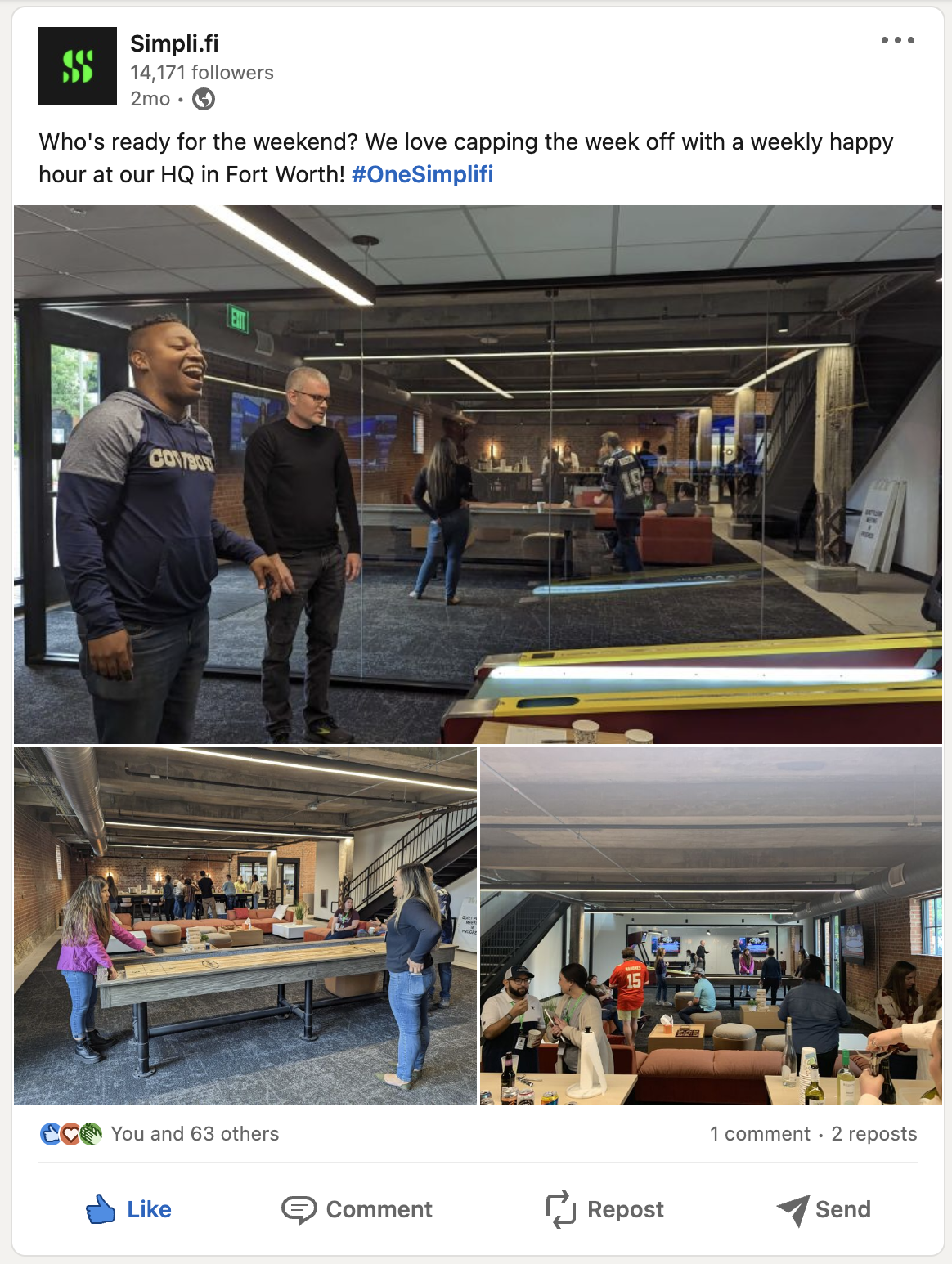 A screenshot of LinkedIn post by Simpli.fi. The caption reads: Who's ready for the weekend? We love capping the week off with a weekly happy hour at our HQ in Fort Worth! Three images of employees playing ski ball, tabletop shuffleboard and socializing at their HQ. 