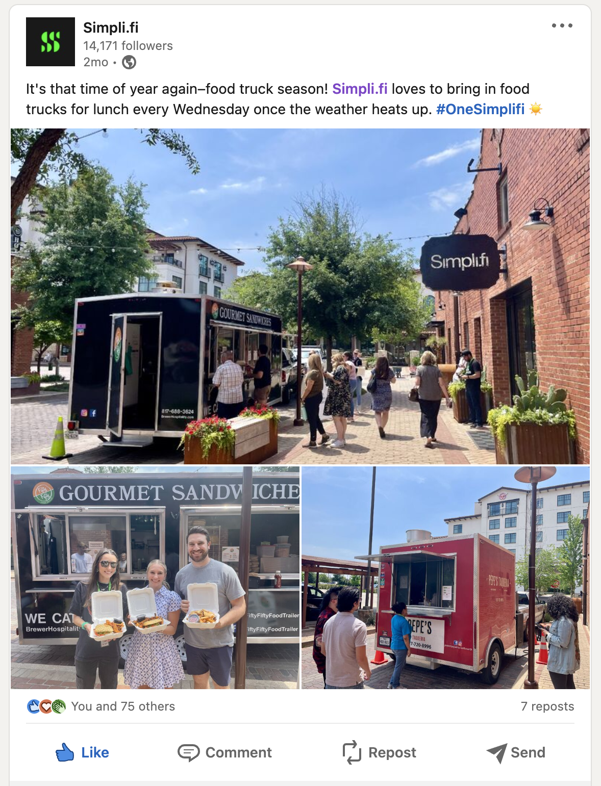 Simpli.fi social post demonstrating company culture. The post reads: It's that time of year again—food truck season! Simpli.fi loves to bring in food trucks every Wednesday once the weather heats up. The post features images of their employees standing in front of food trucks on a warm, sunny day. 