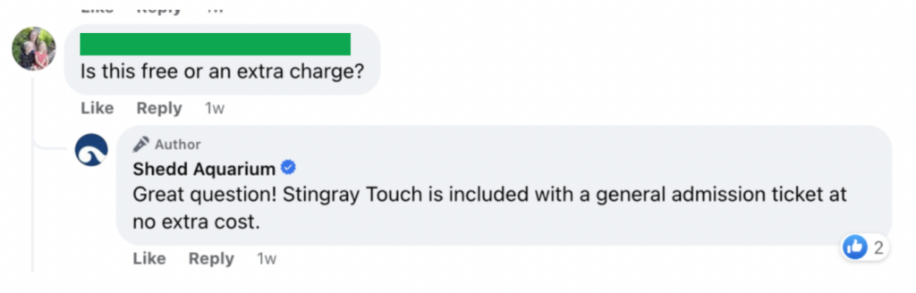 A screenshot of a comment on Shedd Aquarium's Facebook account showing a customer asking a question and Shedd Aquarium's response.